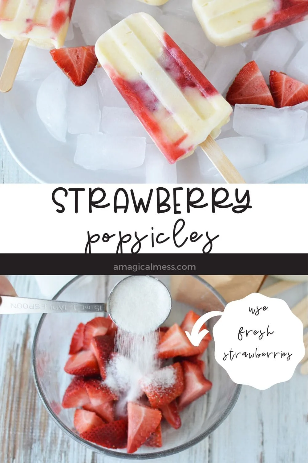 popsicles on ice and strawberries in food processor