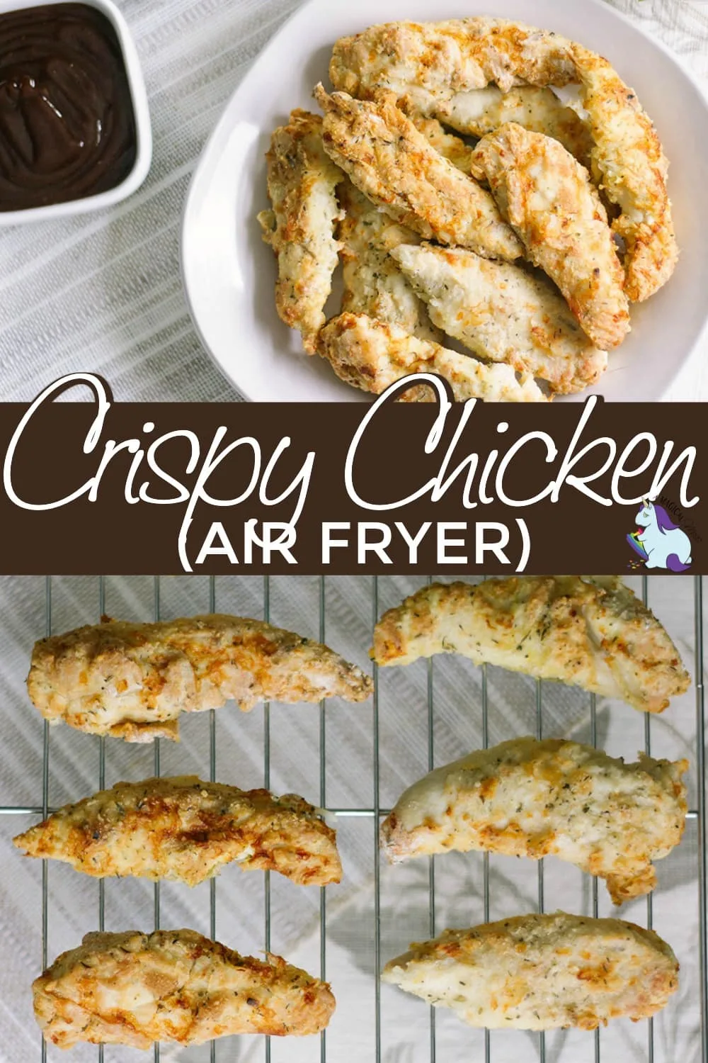 Chicken tenders in a bowl and cooling on a wire rack. 