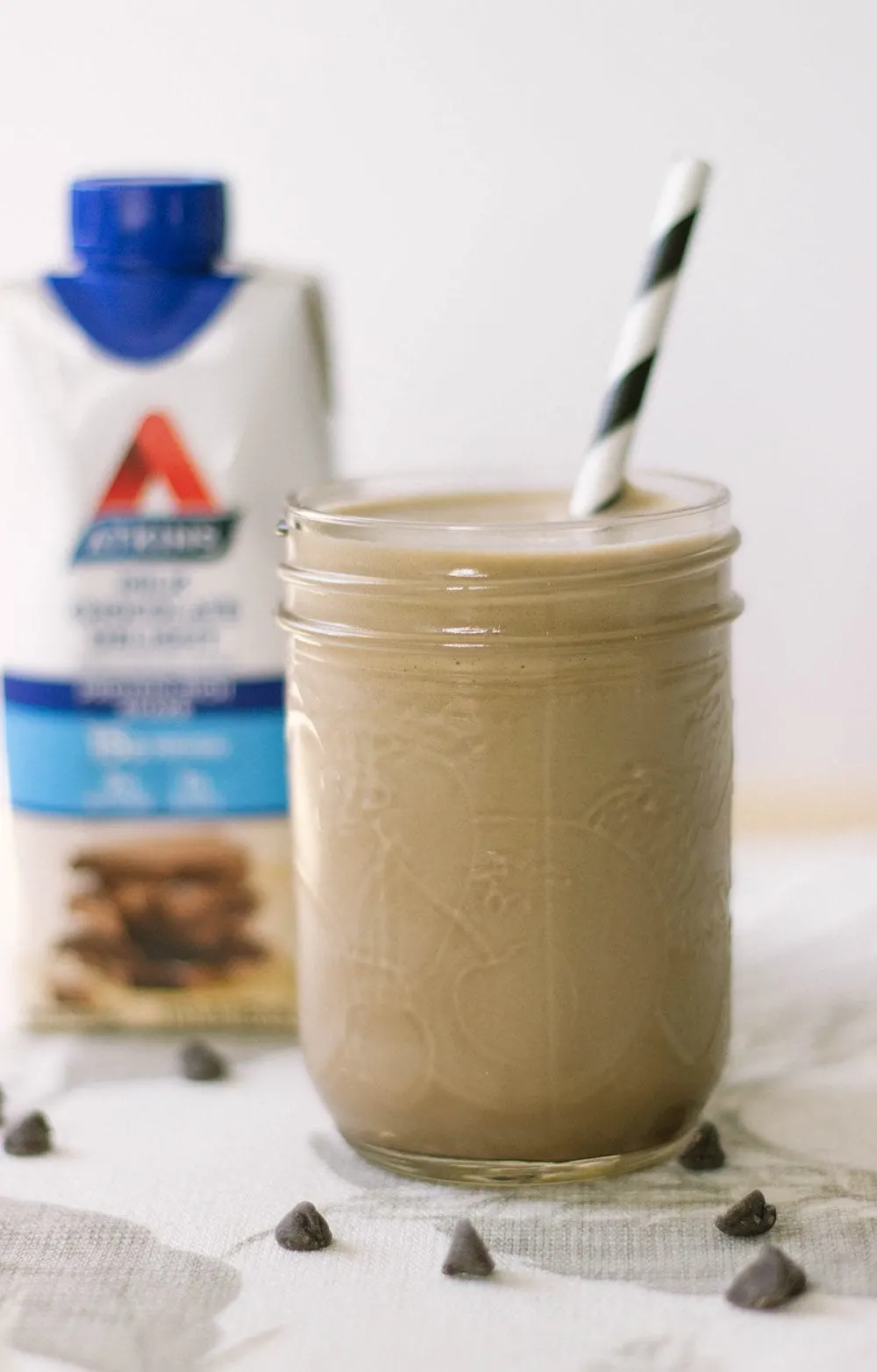 Chocolate Atkins shake in a jar.