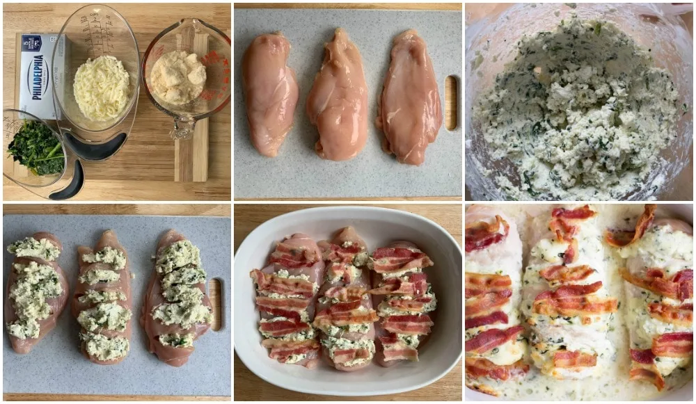 Steps to make hasselback chicken stuffed with spinach and bacon. 