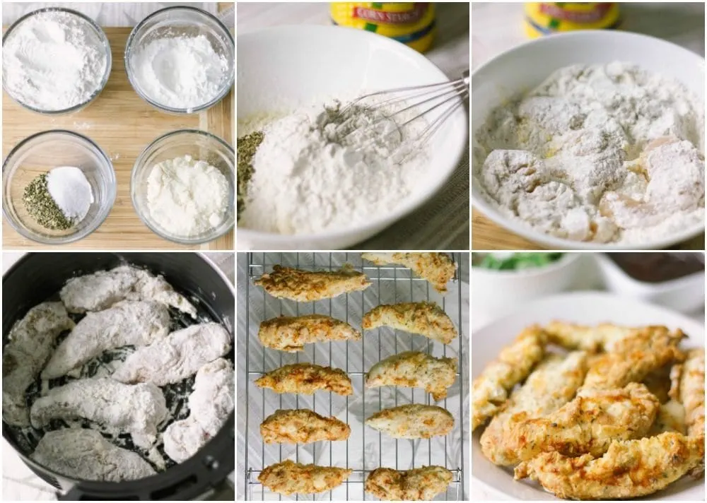 Cornstarch, flour, seasoning, and cheese in bowls. Coating chicken in the mixture, and airfrying the chicken strips. 
