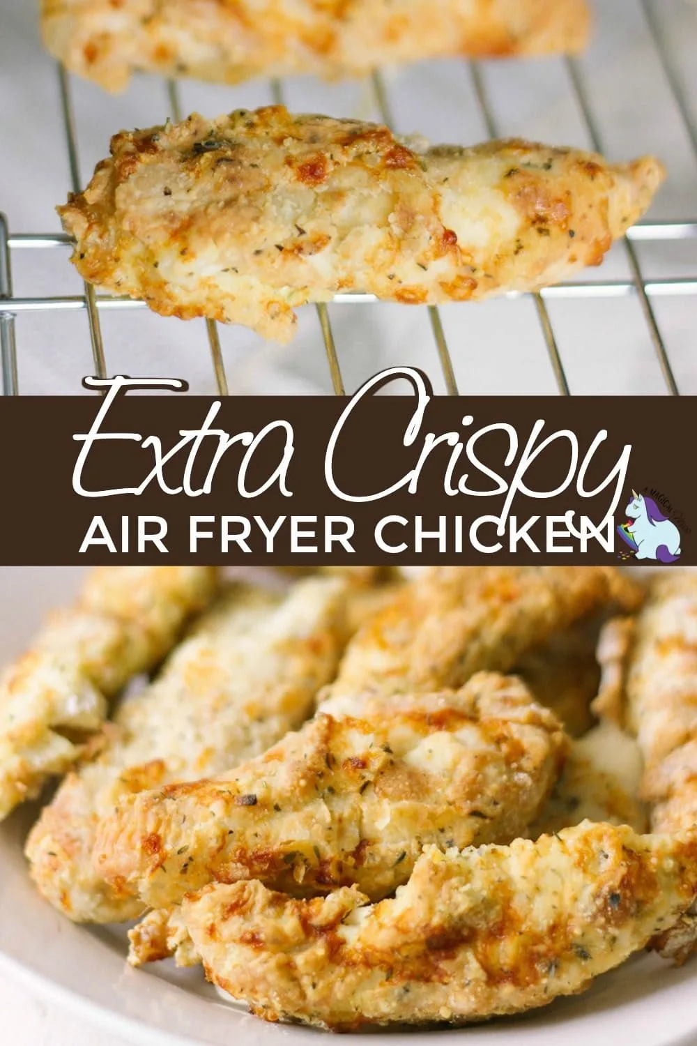 Crispy air fryer chicken strips on a rack and in a bowl.