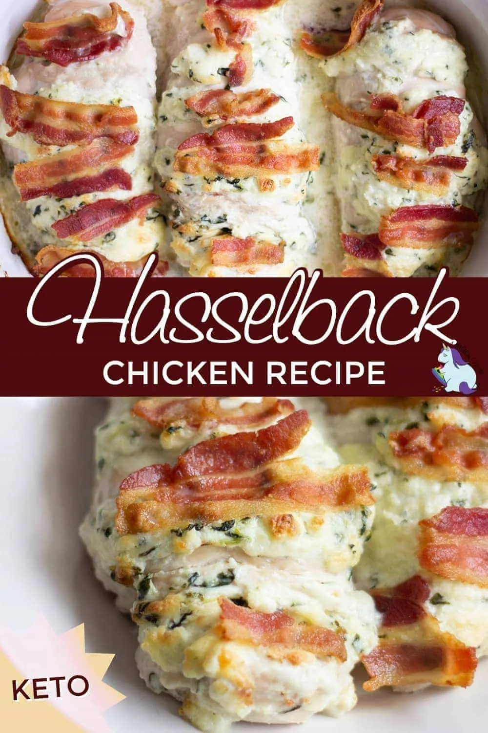 Hasselback chicken stuffed with spinach, bacon, and cream cheese. 
