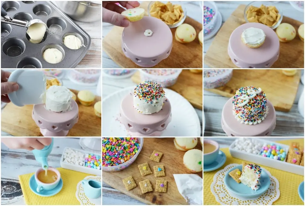 A collage of photos making mini cakes for a fairy tea party. 