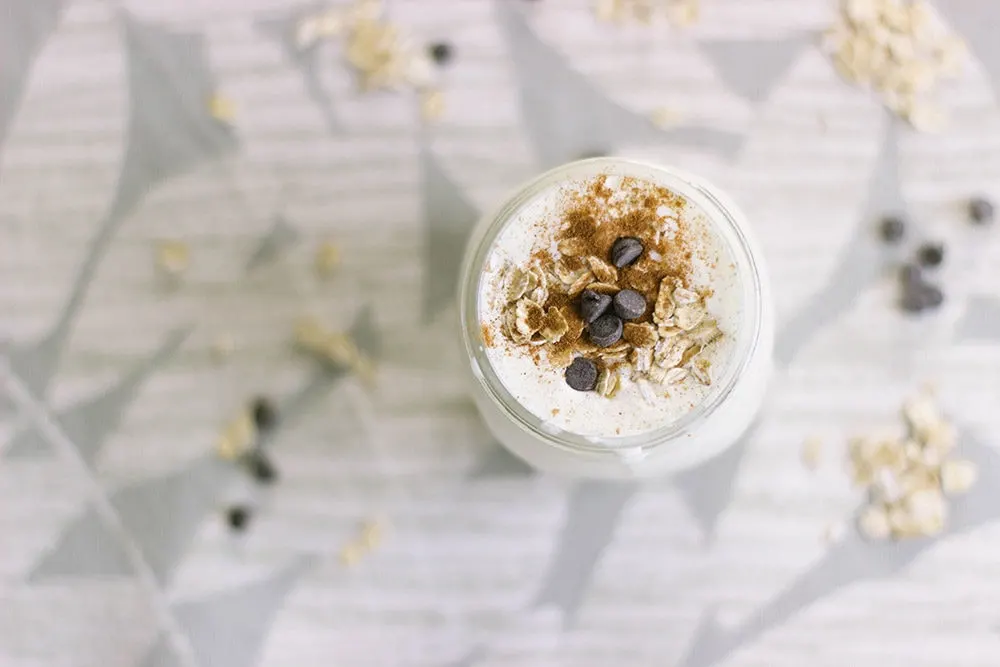 Overhead shot of a protein shake.