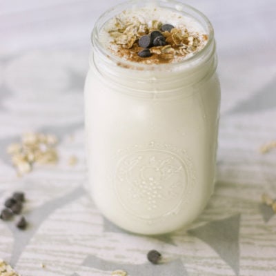 Smoothie with oats, chocolate chips, and cinnamon.
