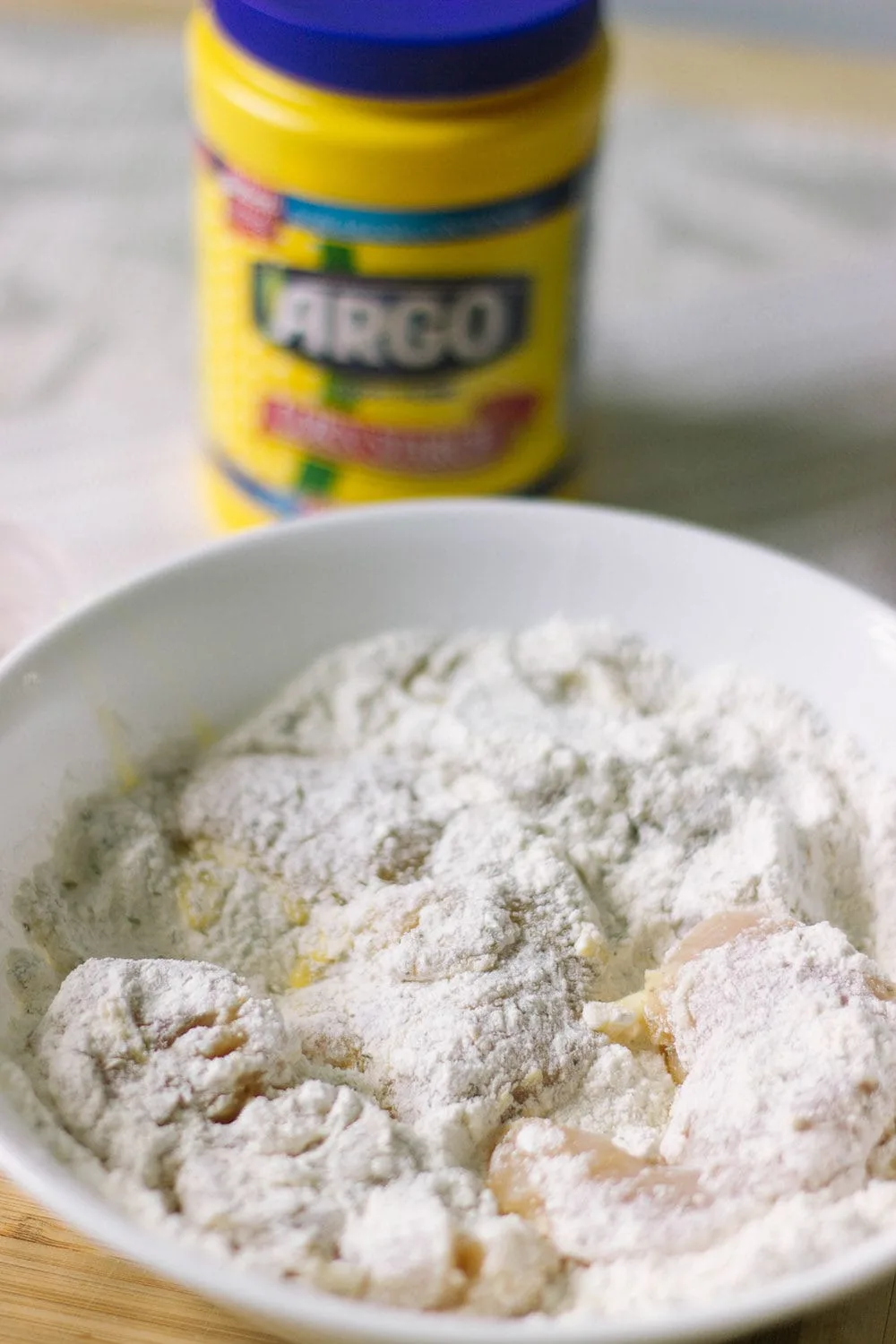 Chicken coat in flour mixture with Argo corn starch. 