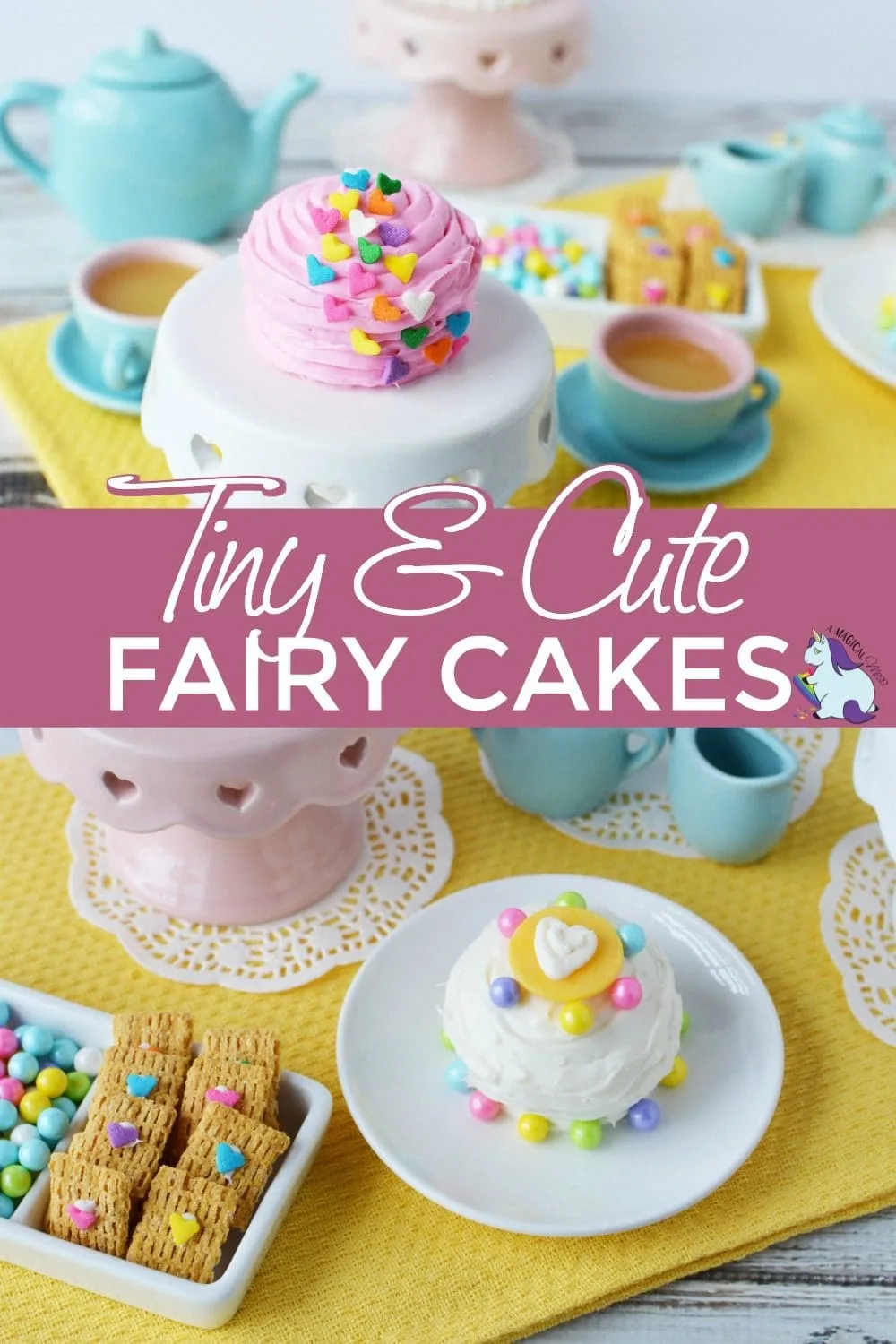 Fairy cakes surrounded by tea party supplies.