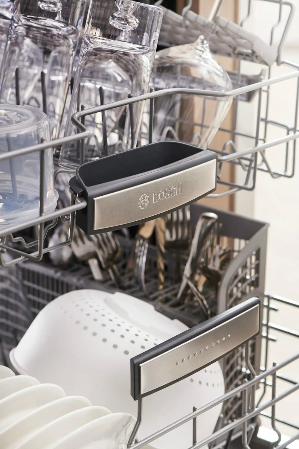 Inside of the Bosch 800 Series dishwasher from Best Buy. 