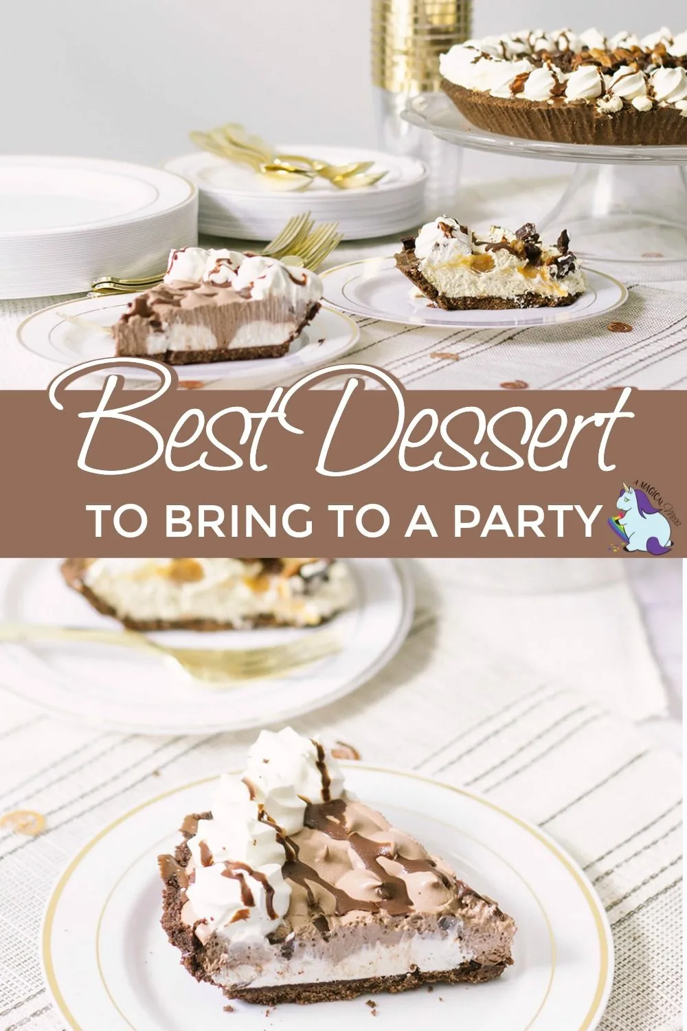 Chocolate pie and Turtle pie on a table with gold settings.