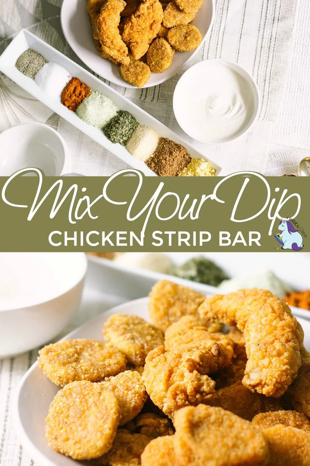 Chicken strips on a table with seasonings to mix dips. 