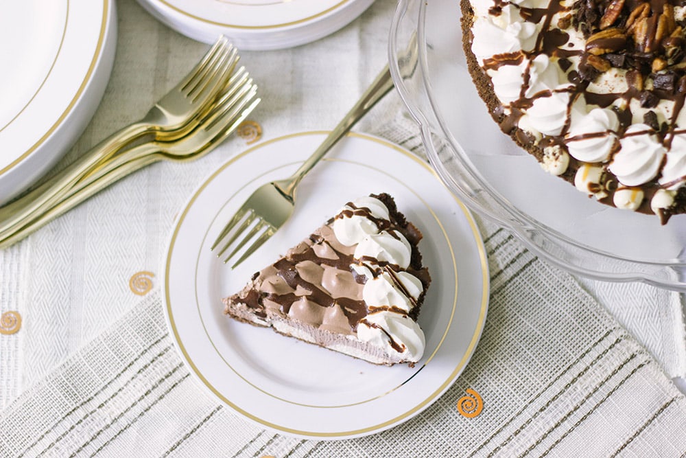 Hershey's creme pie sliced on a plate. 