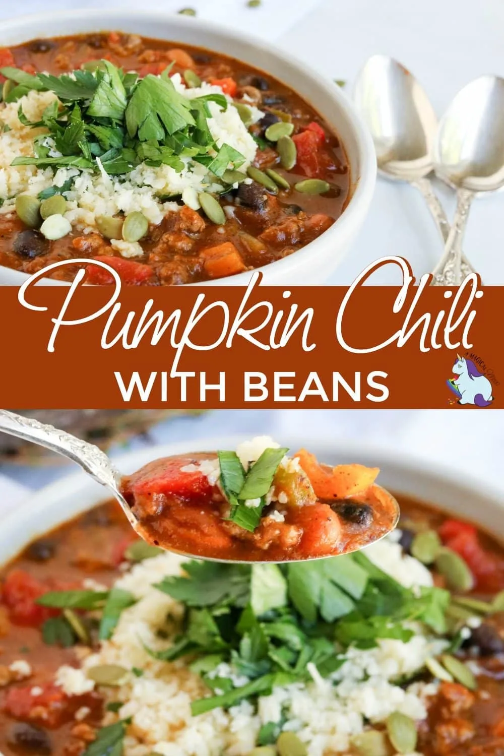 Pumpkin chili recipe in a bowl and a spoonful of it up close.