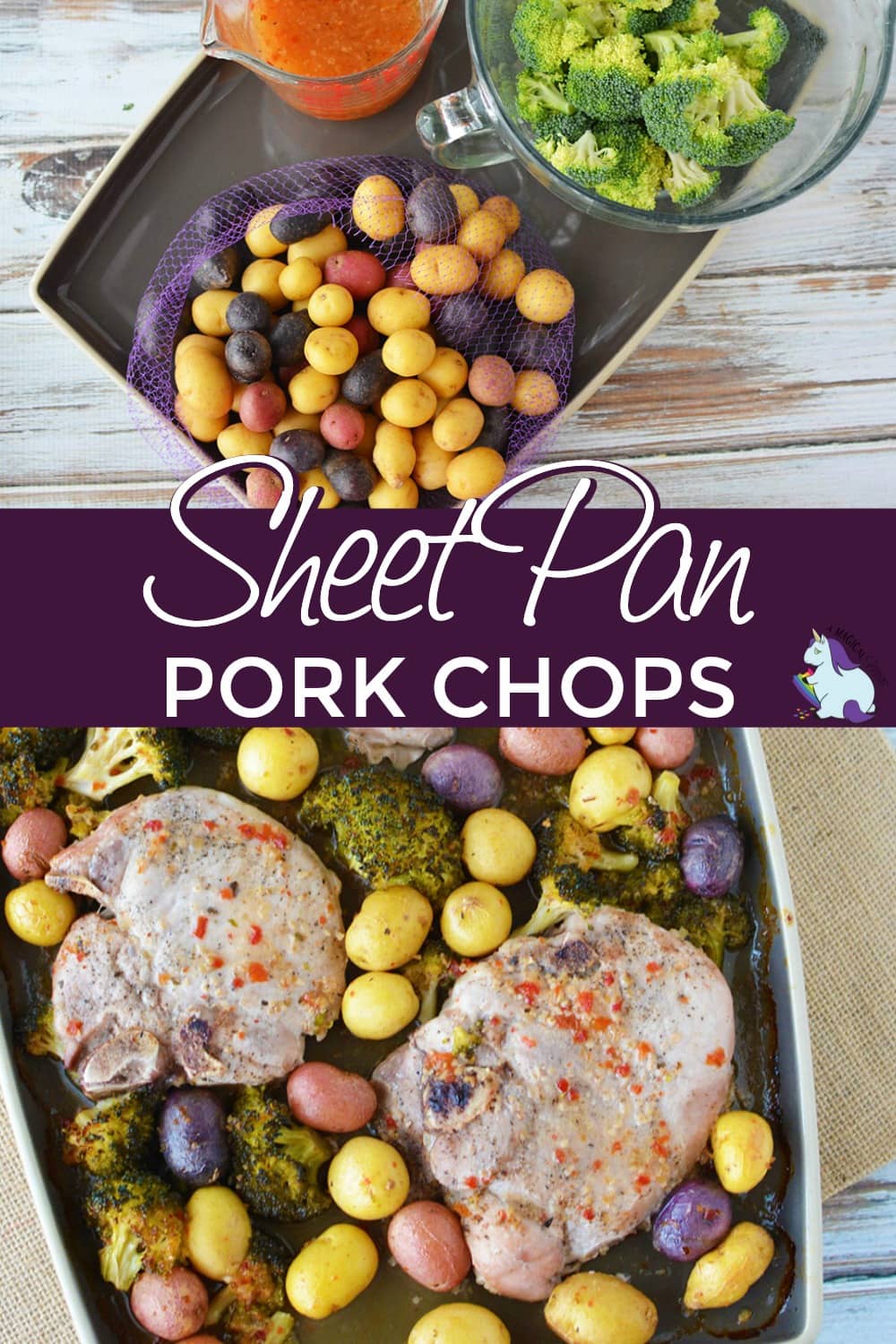 Veggies and pork chops on a sheet pan.