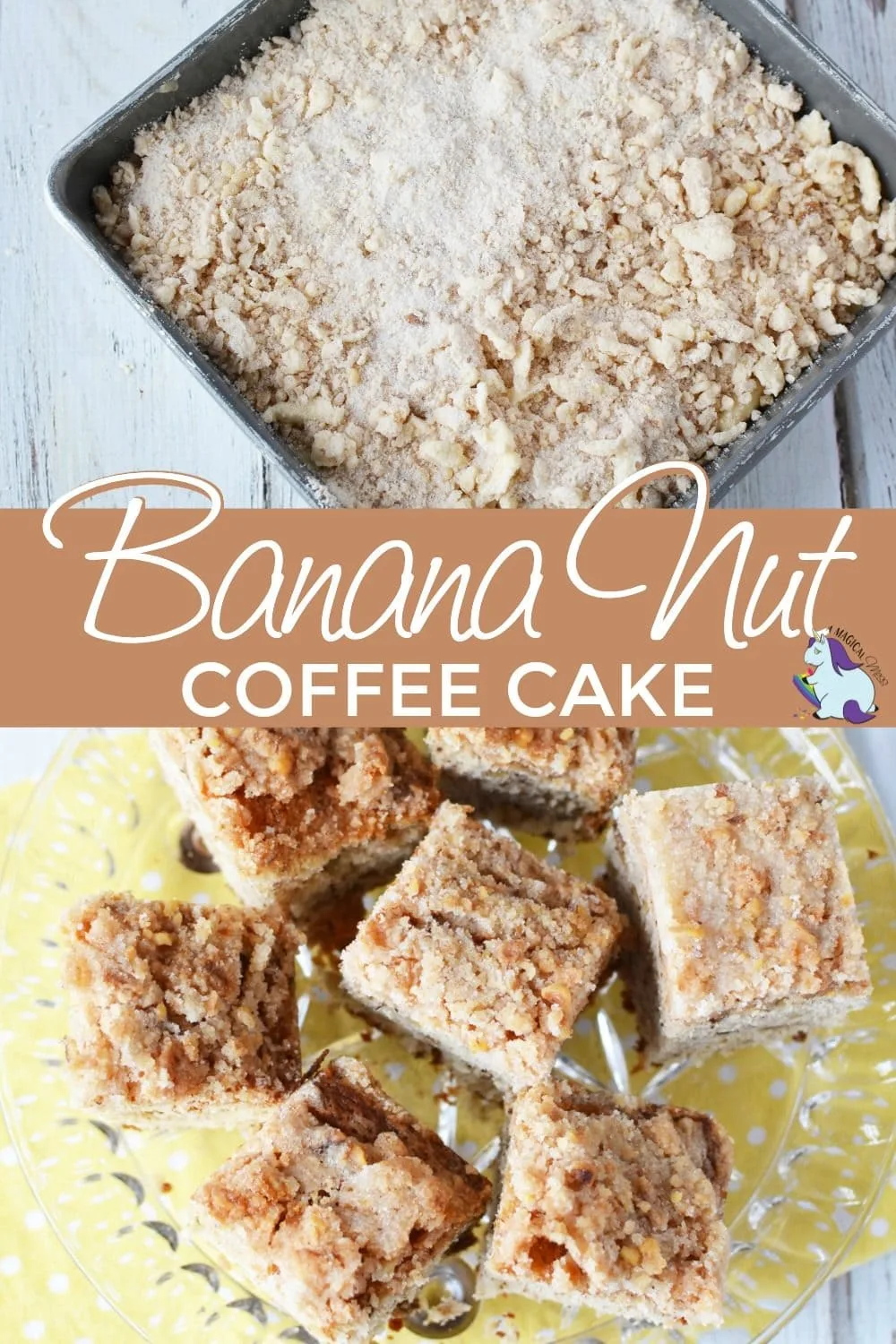 Banana nut coffee cake in a pan and sliced on a plate