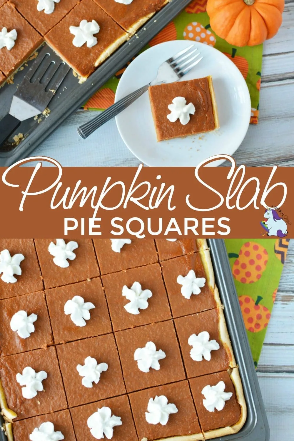 Pumpkin pie square on a plate and the whole tray of pumpkin slices. 