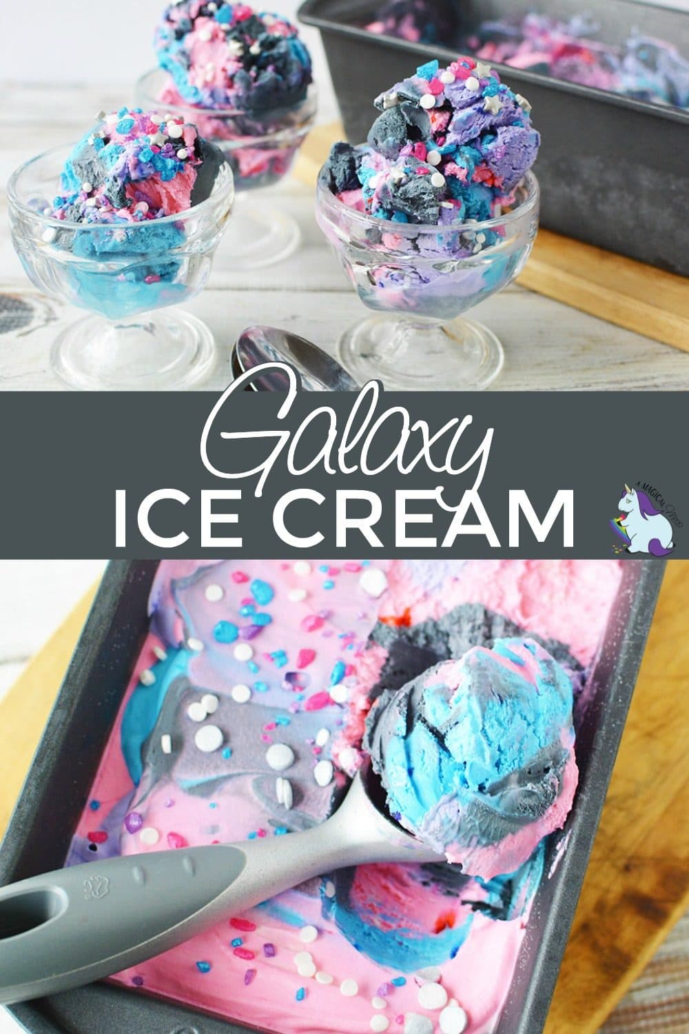 Galaxy ice cream in dishes and in pan.