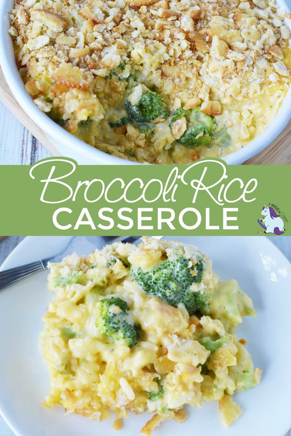 A casserole dish with cheesy broccoli side dish and a serving on a plate. 