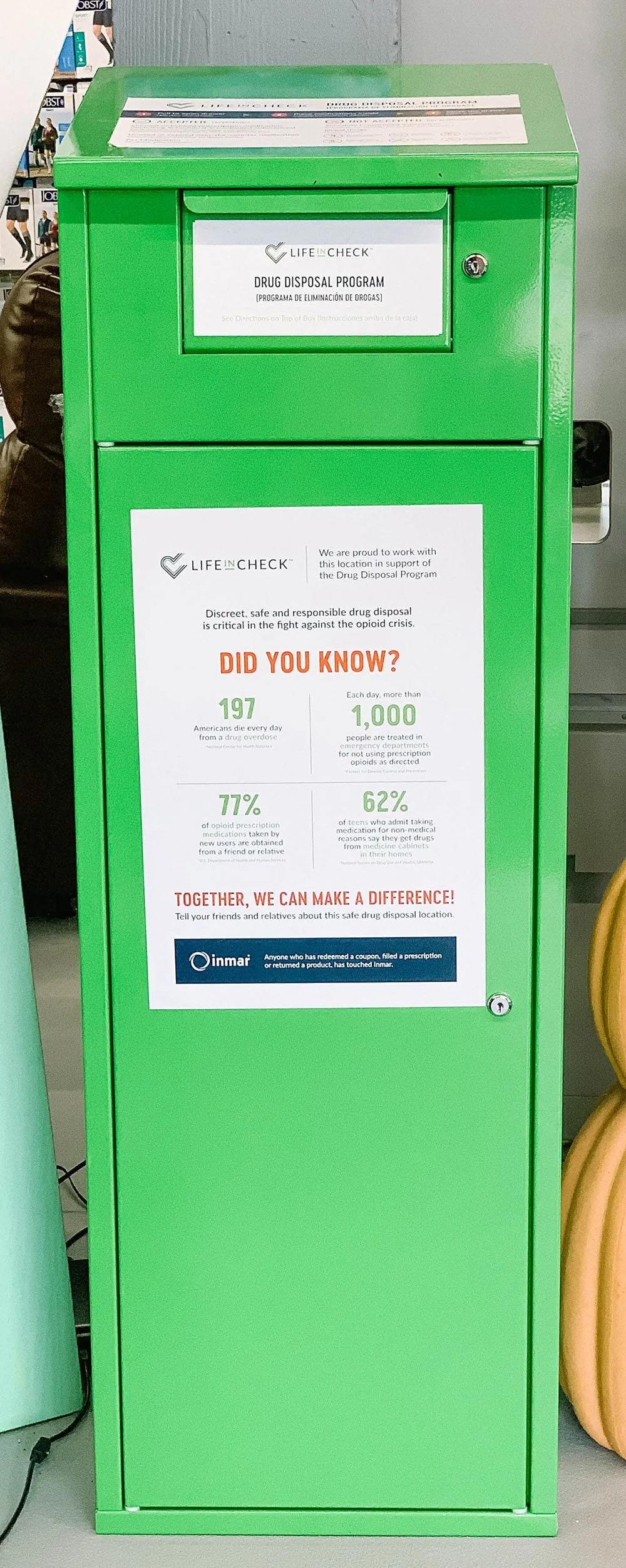 LifeInCheck drug take-back receptacle. 