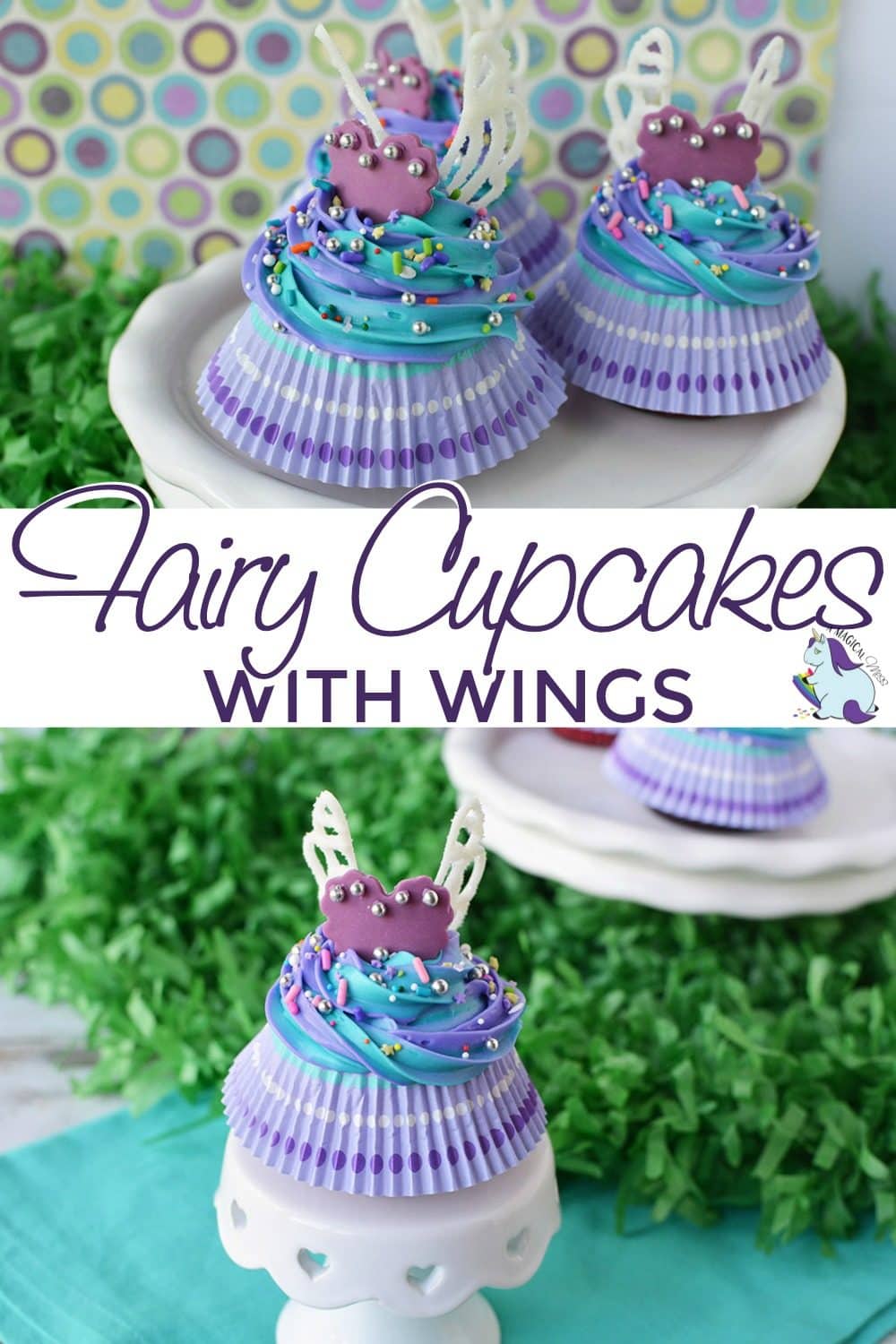 Fairy cupcakes with wings and skirts on a stand