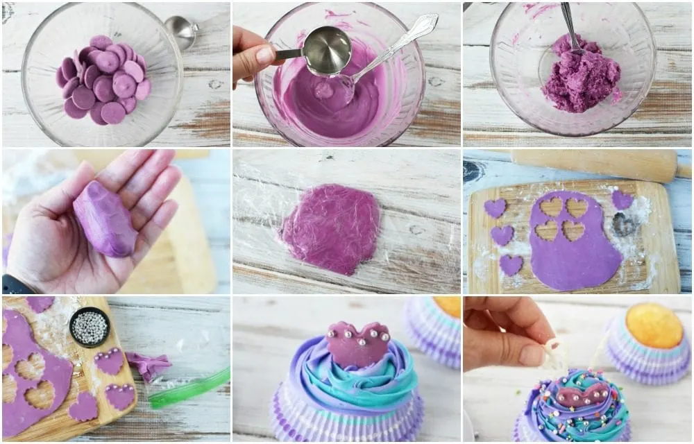 Purple candy melts in a bowl and steps to make candy clay. 
