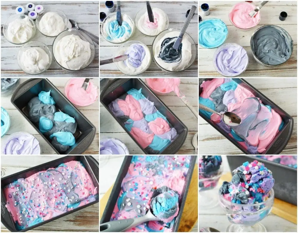 A collage of the steps to take to make galaxy ice cream. It starts with bowls of plain ice cream mix, adding food coloring, mixing and swirling, and then the final ice cream scooped into a dish. 