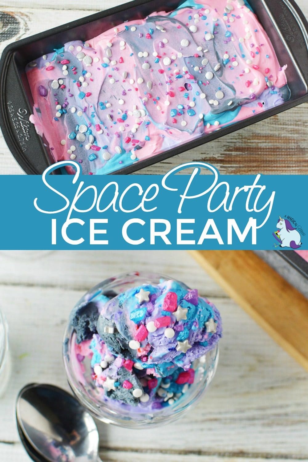 Space ice cream in a loaf pan and overhead shot