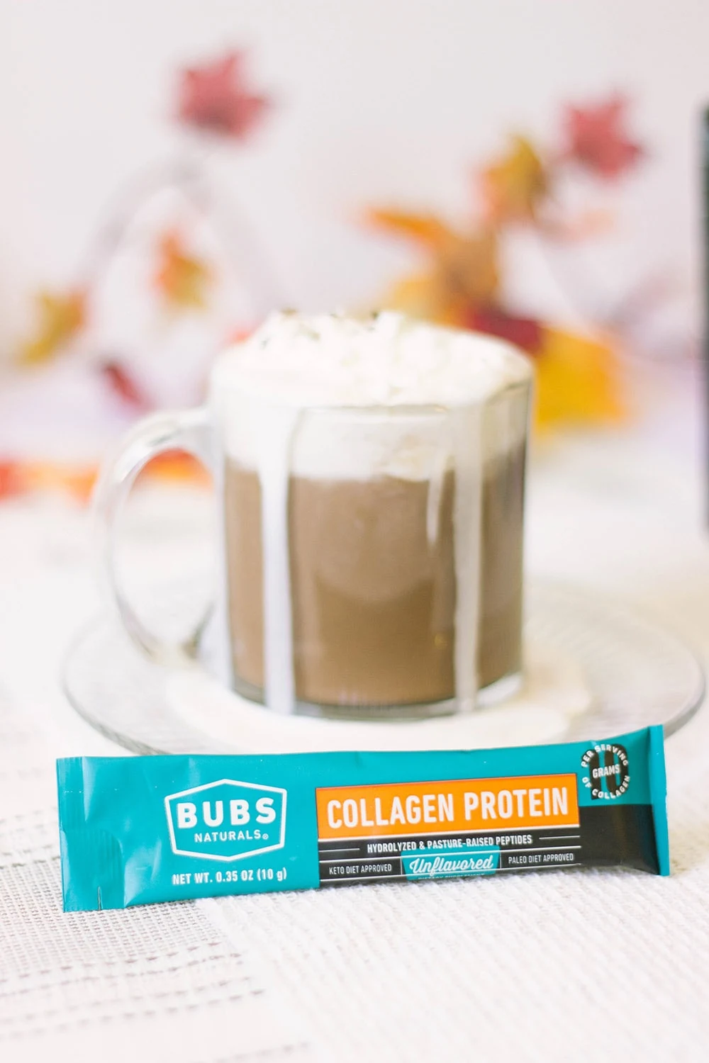 Keto hot chocolate with a packet of BUBS. 