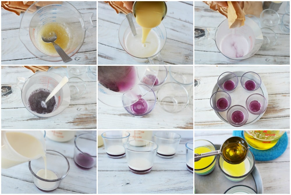 A collage of steps to make jello cups. Making the jello, coloring it, and layering it into the glasses. 