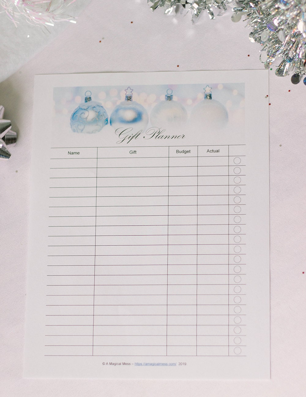 Budget tracker sheet for holiday shopping. 