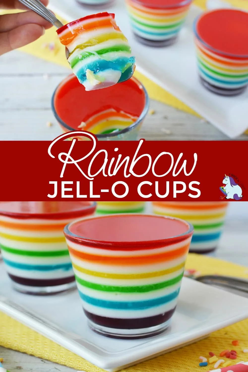 Jell-o layered into cups in a rainbow.