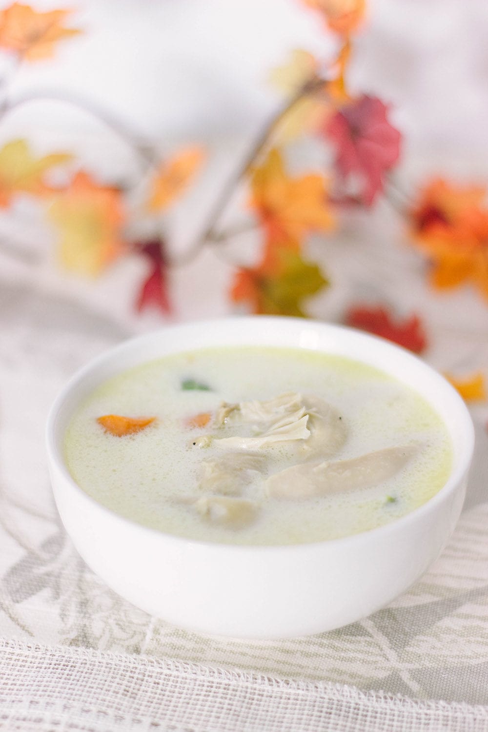 Bowl of chicken soup with fall leaves in the background