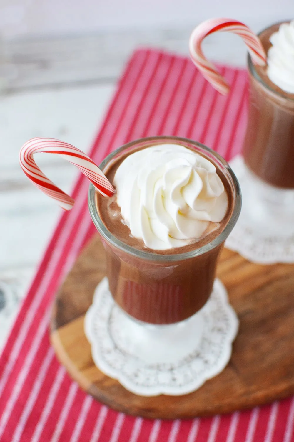 Peppermint mocha drink topped with whipped cream and a candy cane. 