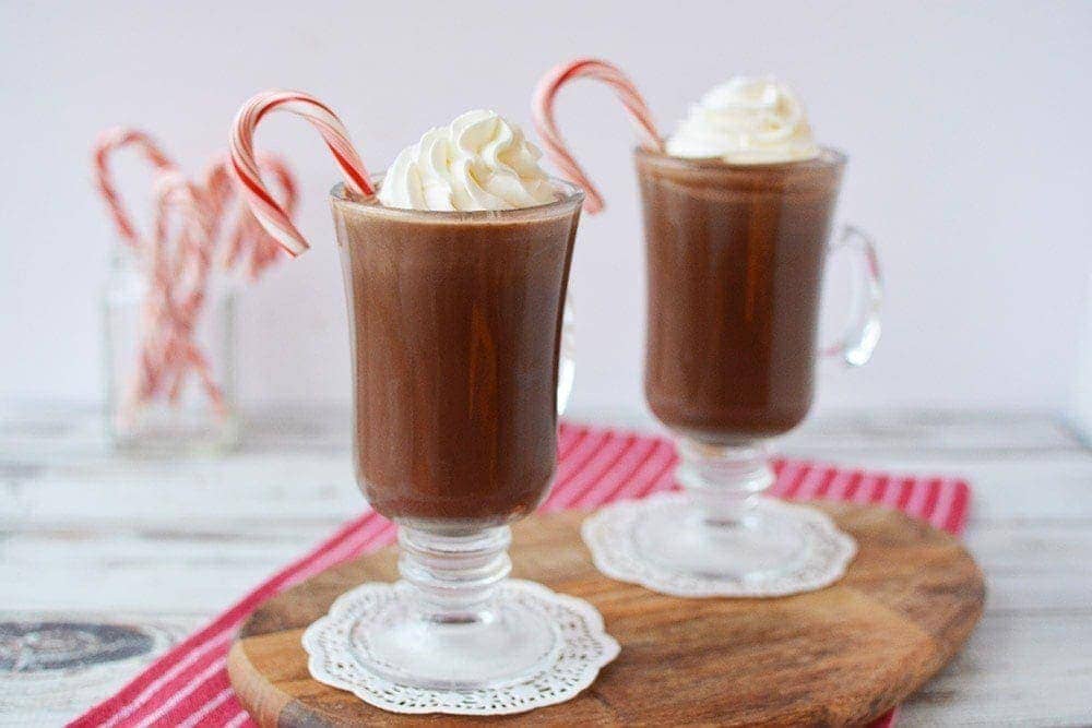 Mugs filled with coffee drink with whipped cream and candy canes.