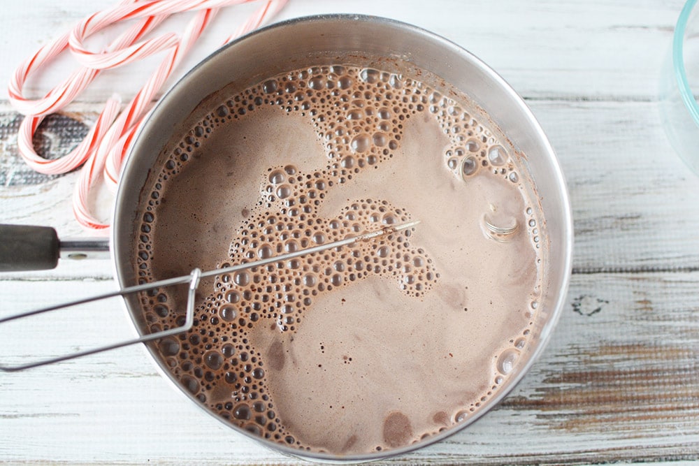 Hot cocoa mixture in a pan. 