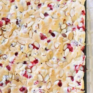 Cranberry almond cake in a sheet pan