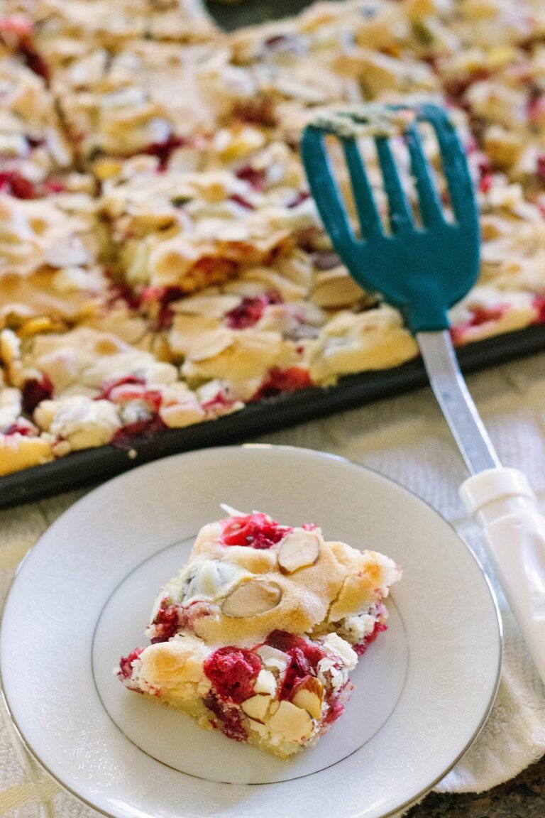 Cranberry cake on a plate with pan and spatula