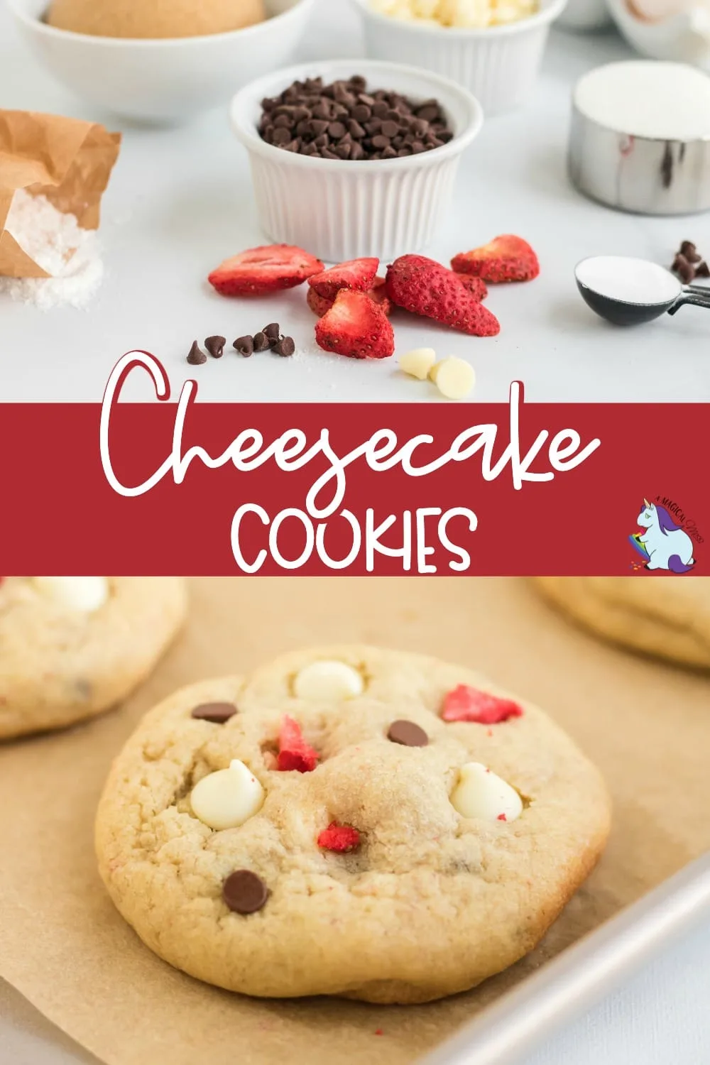 Cheesecake cookie ingredients and baked cookie.