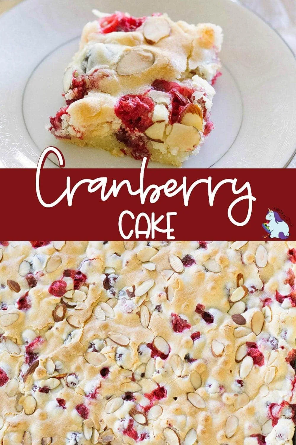 Slice of cranberry almond cake and the sheet pan full of cake