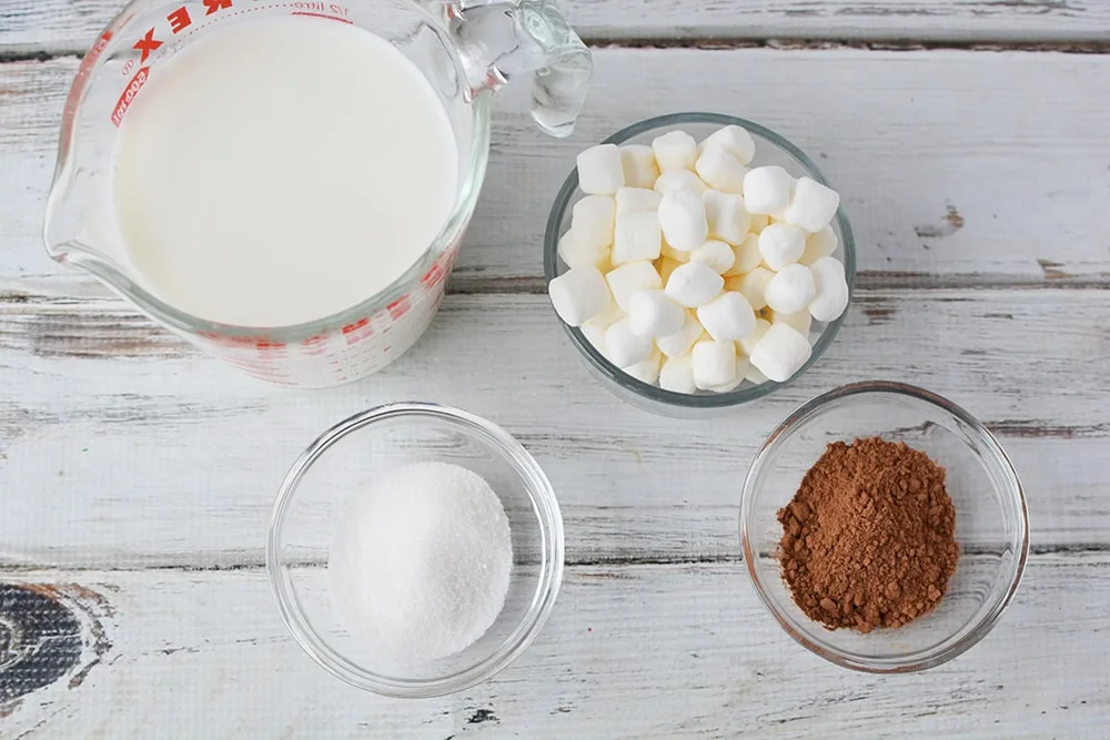 Milk, sugar, marshmallows, and cocoa in bowls. 