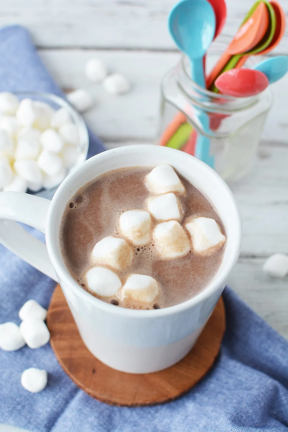 Hot chocolate in a mug with marshmallows.