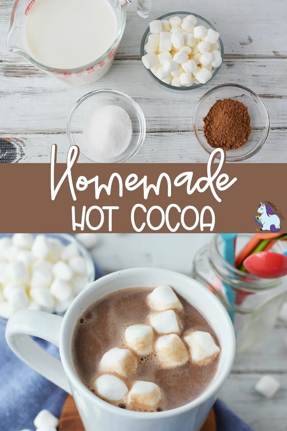 Ingredients to make hot chocolate and mug full of hot cocoa