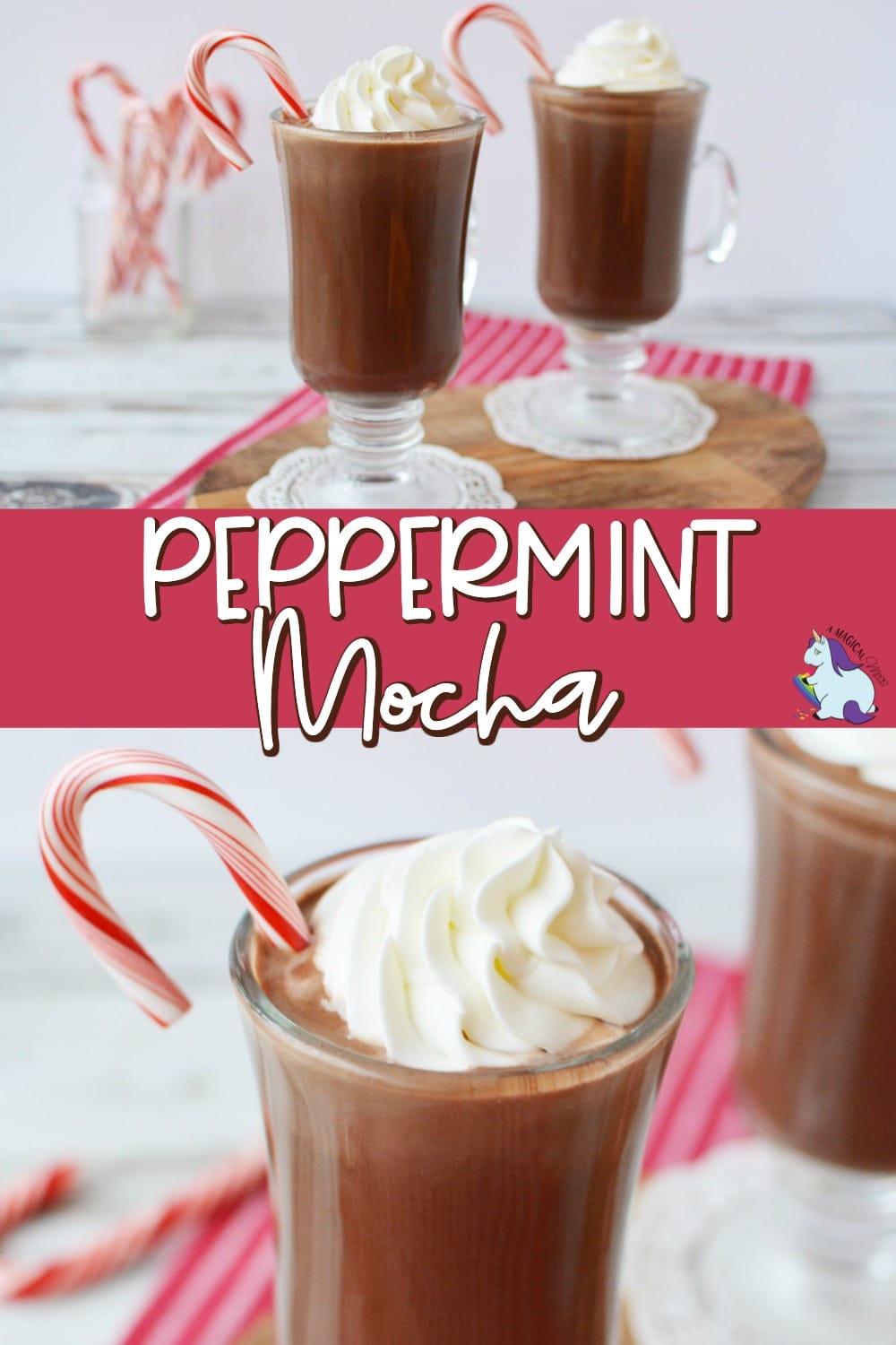 Mugs with peppermint mocha drink with candy canes