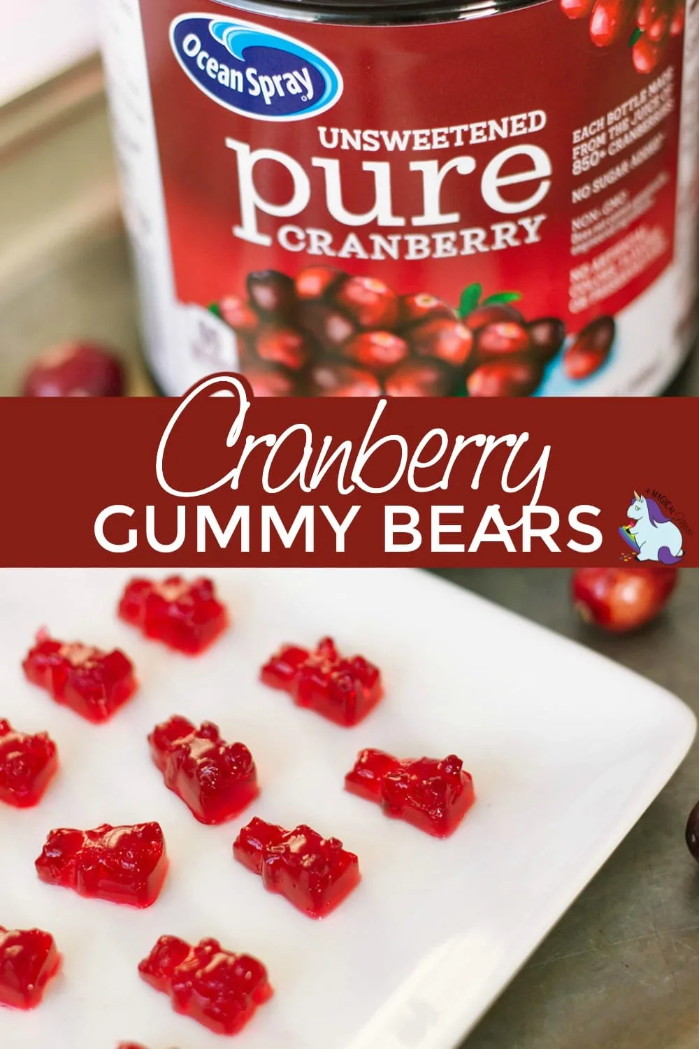 Cranberry juice bottle and plate of gummy bears.