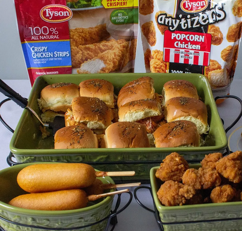 Corndogs, sliders, and popcorn chicken.