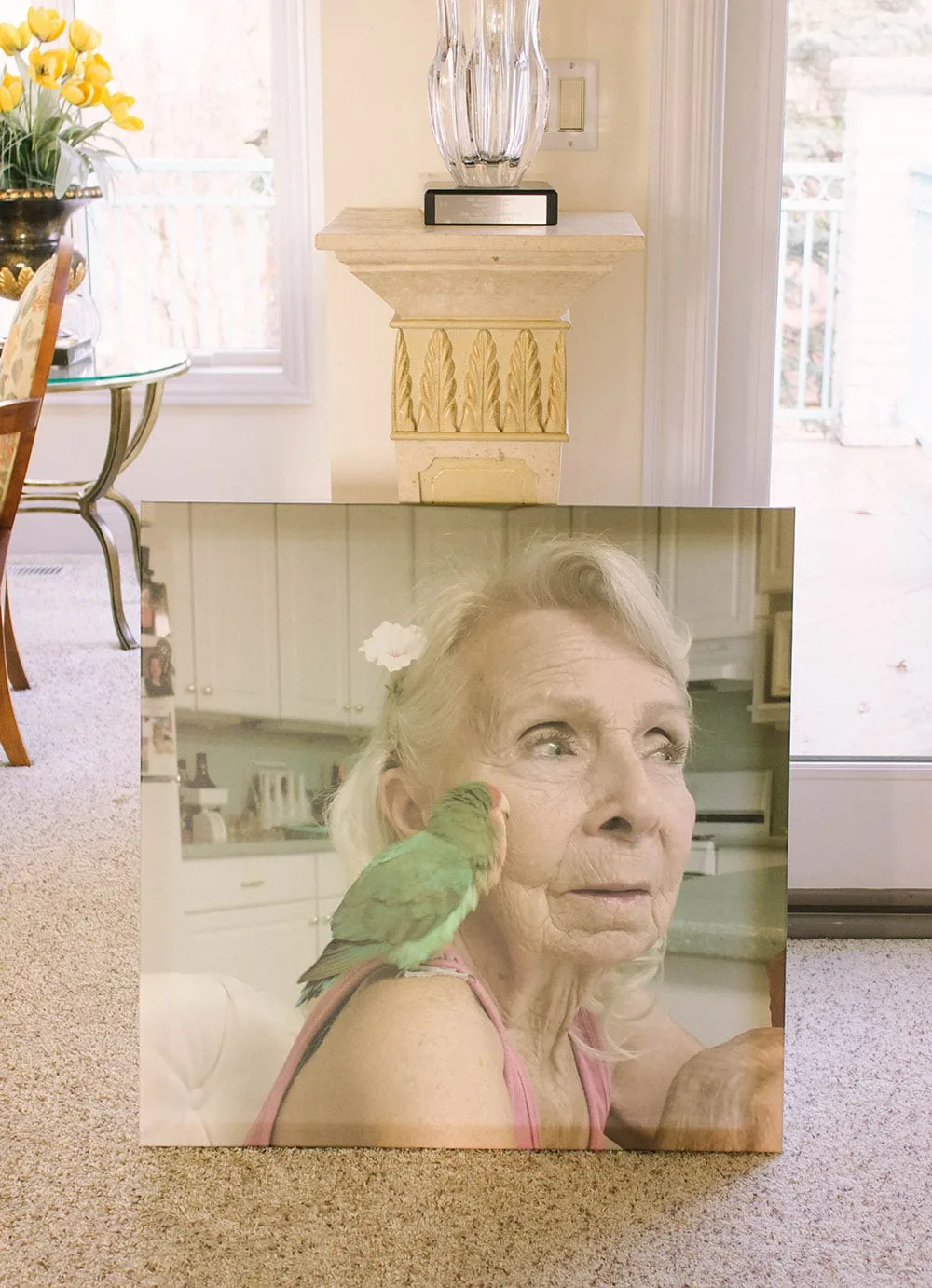 Large canvas print of gram and her lovebird.