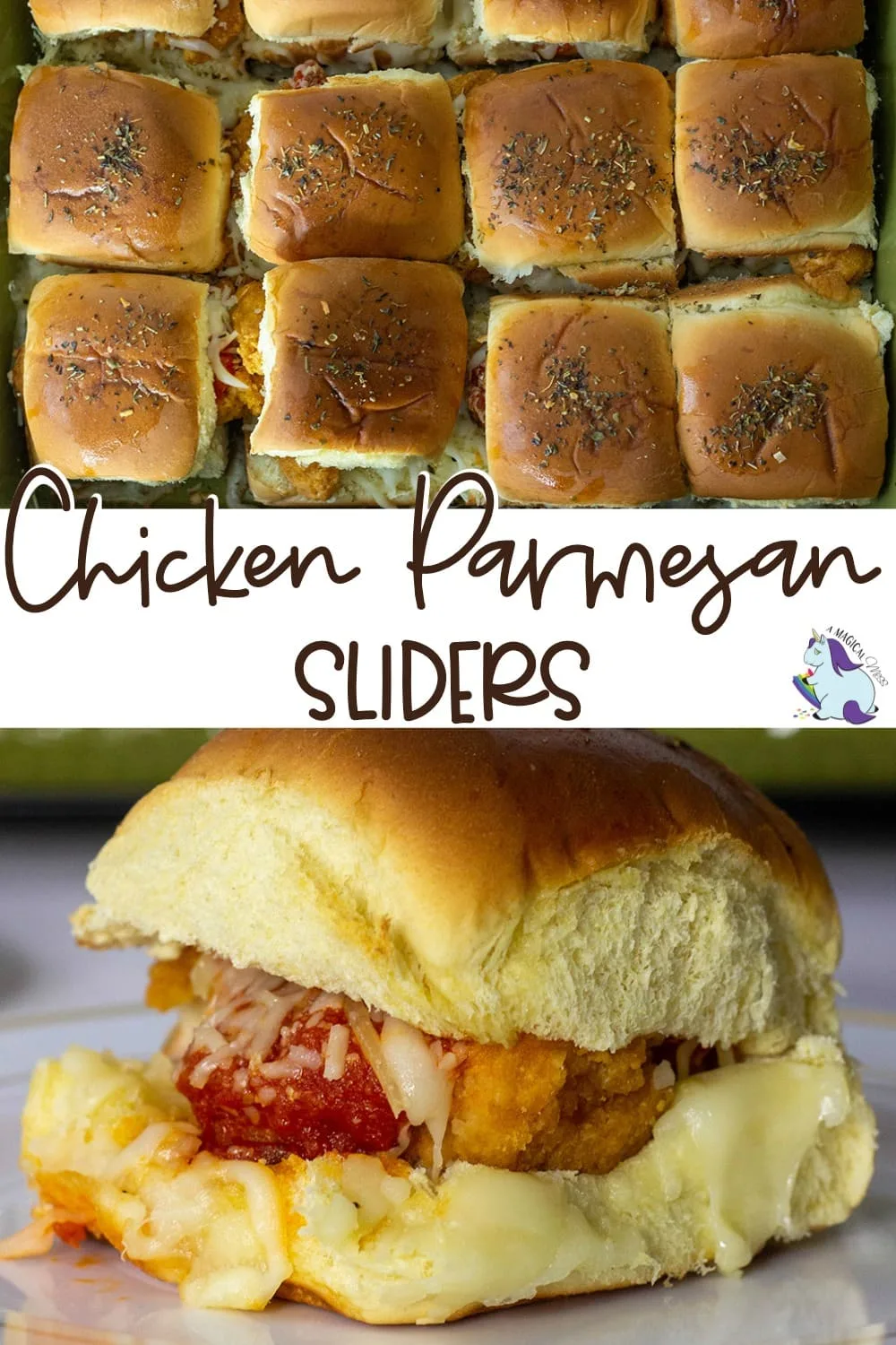 Chicken parmesan sliders on a plate and in a dish.