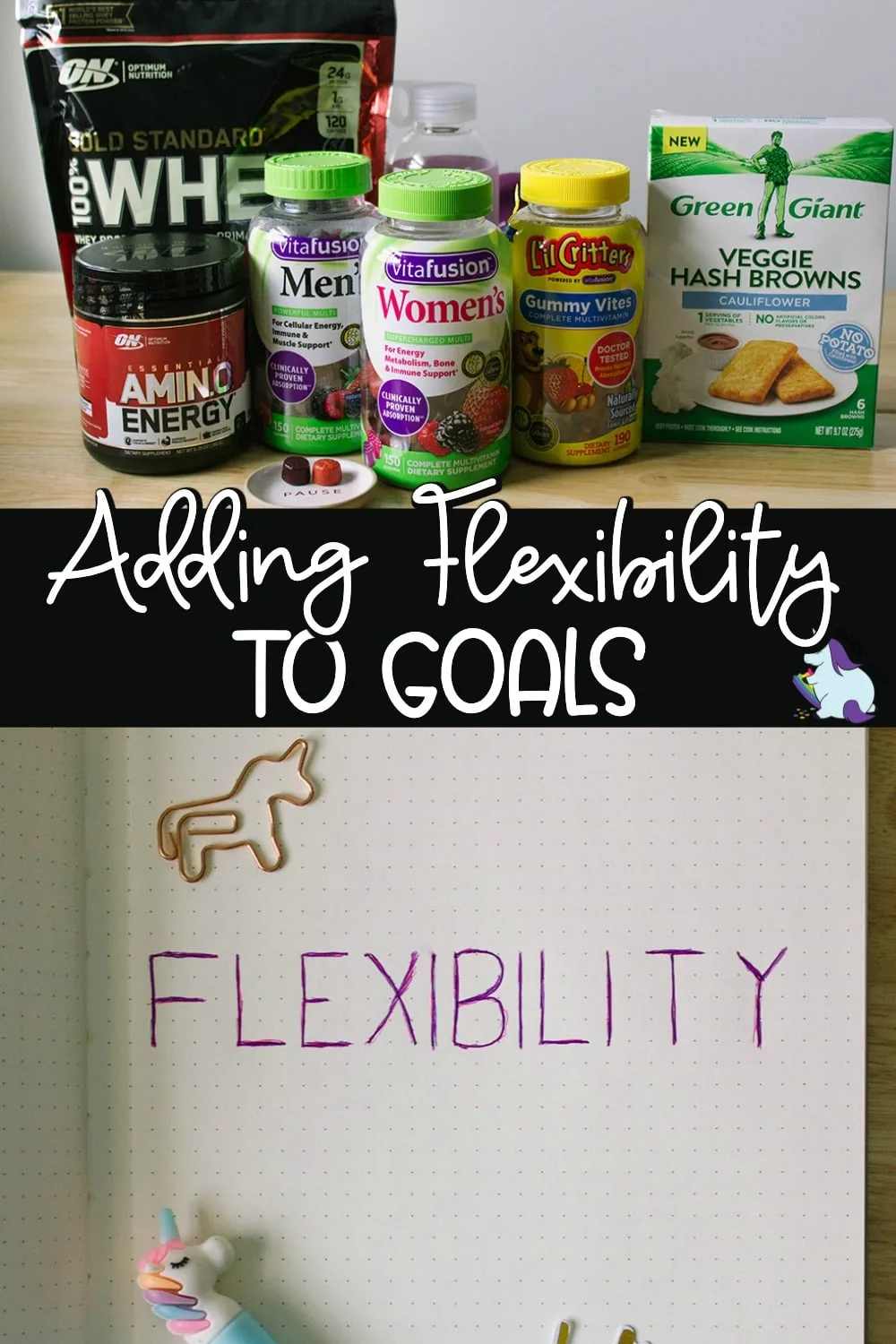 Supplements on a table and a notebook with the word flexibility written in it. 