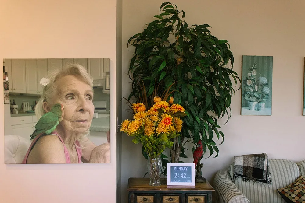 Gram and bird canvas hanging in kitchen.