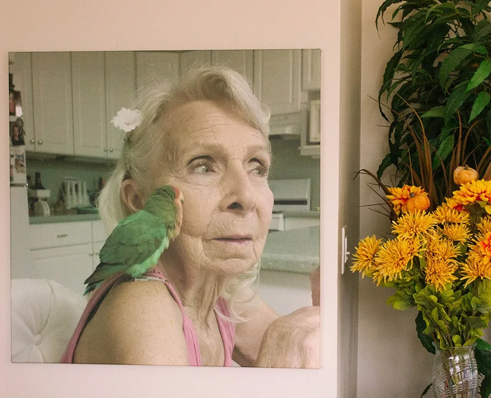 Gram and her lovebird in a canvas print next to flowers. 